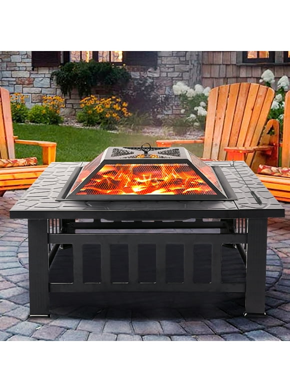 Fire Pits for Outside, 32" Wood Burning Fire Pit Tables with Screen Lid, Poker, BBQ Net, Ice Tray, Food Clip and Cover, Backyard Patio Garden Outdoor Fire Pit/Ice Pit/BBQ Fire Pit, Black