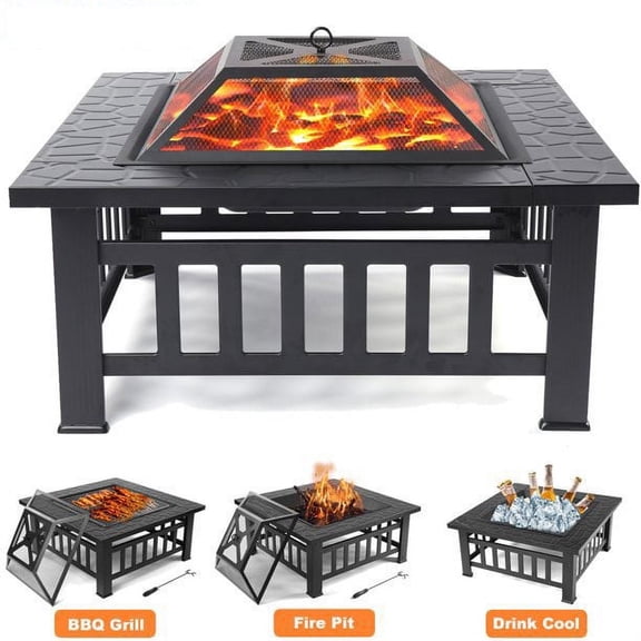 Fire Pits for Outside, DFITO 32" Wood Burning Fire Pit Tables with Screen Lid, Poker, Outdoor Fire Pit Patio Set, Patio Garden Stove Fire Pit/Ice Pit/BBQ Fire Pit, Black, GJ131