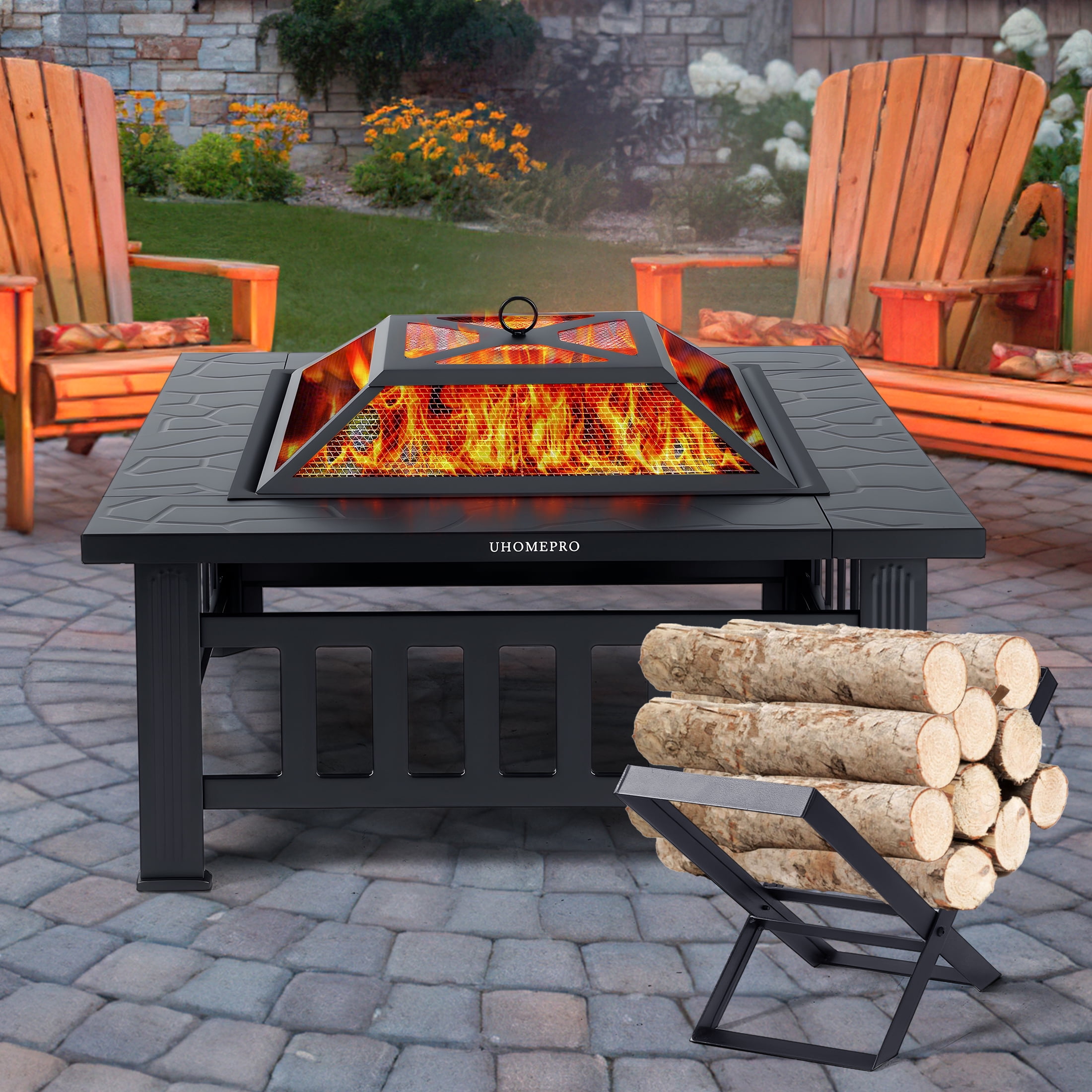 Fire Pits for Outside, 32" Wood Burning Fire Pit Tables with Firewood Rack, Screen Lid, Poker, BBQ Net, Food Clip and Cover, Backyard Patio Garden Outdoor Fire Pit BBQ Fire Pit, Black - Walmart.com