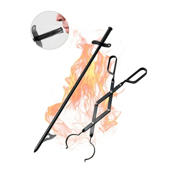 Fire Poker and Fire Tongs Set, Heavy Duty 31 Inch Fireplace Poker with Blow Portable 23 Inch Log Grabber Firewood Tongs Fire Pit Tools Accessories for Camping Wood Stove Campfire Outdoor Indoor