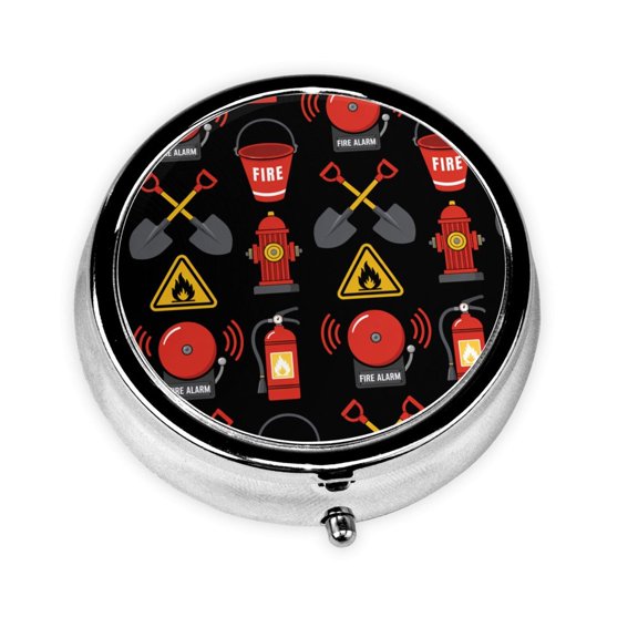 Fire Prevention & Safety Icon Mini Round Pill Box Portable Small Pill Case Organizer with 3 Compartments for Pocket Purse