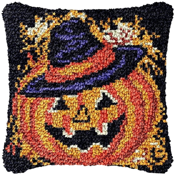 Fire Pumpkin Skull Latch Hook Kits Pillow DIY Rug Cushion Making Kits with preprinted Pattern Canvas Instruction Yarns and Latch Hooking Pillow Cover Easy to Start DIY Home Decor Kits 43x43cm