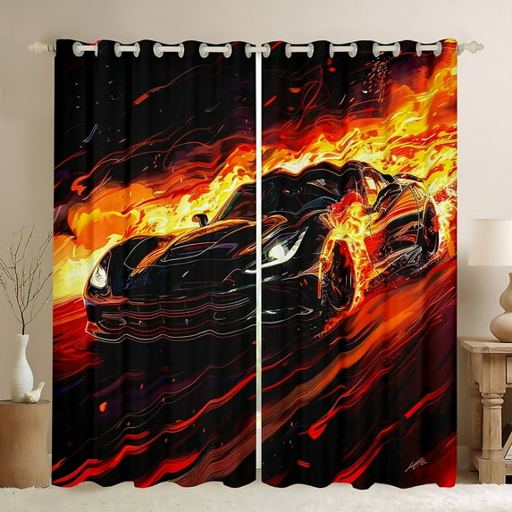 Fire Racing Car Curtains & Drapes Sports Car Printed Blackout Curtains 84x63,Cool Race Car Curtains Extreme Sport Gaming Black Out Curtains Black And Red Window Curtains Room Decor