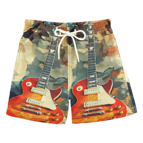 Fire Red Guitar Boys Swim Trunks Quick Dry Boy Swim Shorts for 3-14 Years