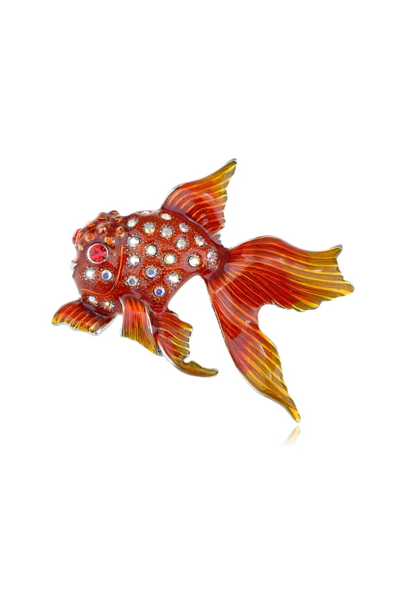 Fire Red Orange Gloss Paint Clear Crystal Rhinestone Pretty Goldfish Pin Brooch