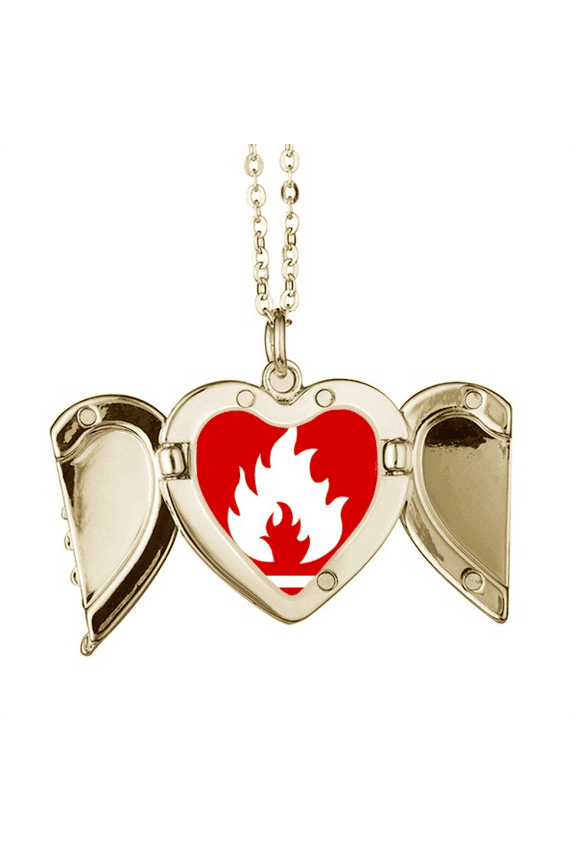 Fire Red Square Warning Mark Folded Wings Peach Heart Pendant Necklace