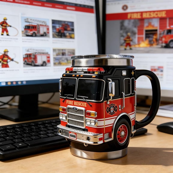 Fire Rescue Mug – for the Bravest Among Us, Handcrafted Fire Rescue Car Coffee Mug, 3D Handcrafted Fires Truck Coffee Cup, Fires Truck Design Stainless Steel Tumbler for Firefighters Gift (1Pc)