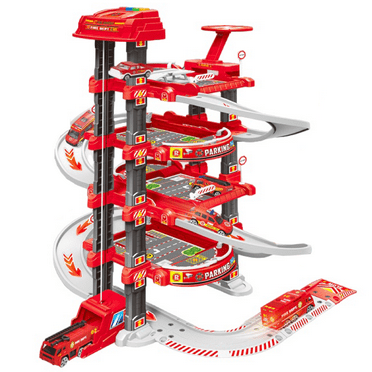 Fire Rescue Multi-Level Parking Garage Toy: 78PCS with Alloy Cars, Aircraft & Road Signs | STEM Building Set & 78cm City Mat | Gift for Kids Ages 3-12 (Red)