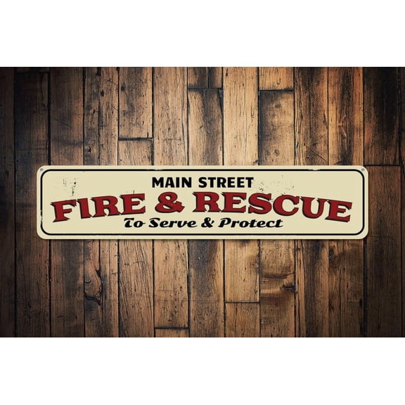 Fire & Rescue Sign Street Name Serve Protect Fire Department Firehouse Firefighter Man Cave Sign - Rescues - Size: 16 x 4 Inches