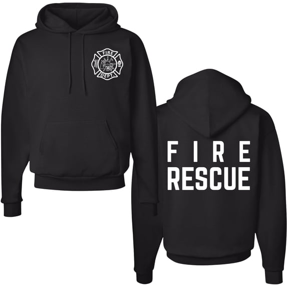 Fire Rescue Team Double Sided Hoodie Sweatshirt Printed Firefighter Dept. First Responder Warm Hooded Pullover (Black, Large)