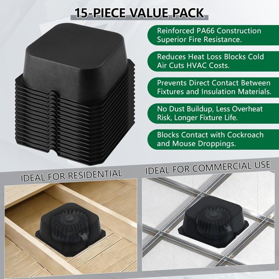 Fire-Resistant Recessed Light Cover, 15-Pack, 8.6 x 8.6 x 3 Inch,Enhanced Version of PA66 Material, Energy-Saving Insulation Protector for 6 Inch Light Fixtures, Attic Installation$$Tools