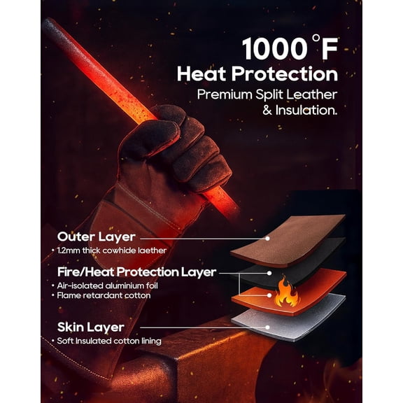 Fire Resistant Reinforced Leather Fireproof Gloves with Kevlar Stitching for Mig, Tig, Stick, Forge, BBQ, Grill, Oven, Fireplace, Furnace, Animal Handling, X-LARGE