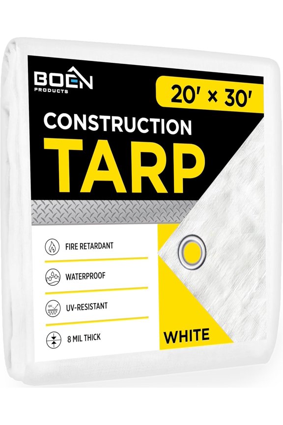 Fire Retardant Construction tarp with Reinforced Corners, Waterproof, UV Resistant Polyethylene Tarpaulin (20' x 30', White)