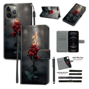 Fire Rose Pattern Magnetic Closure PU Leather Flip Cover with Card Holder and Kickstand Protective Wallet Phone Case For iPhone 16 16Pro 16Plus 16ProMax 15 14 13 12 11 XR With Stylus Pen