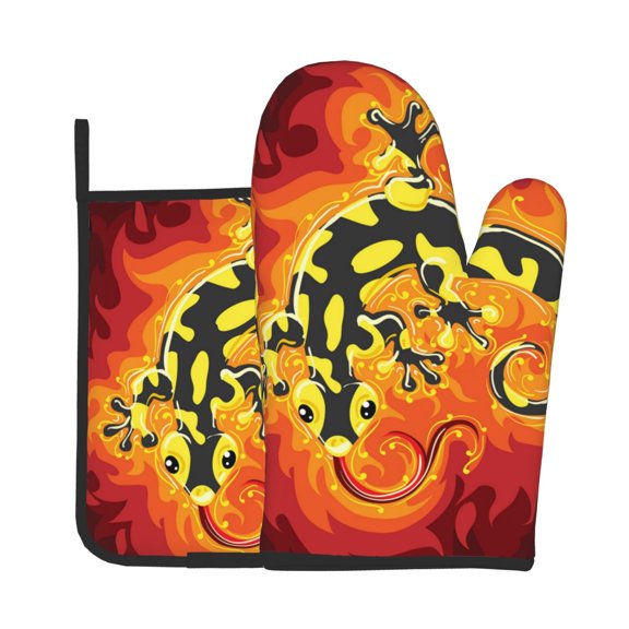 Fire Salamander In Flame 2Pcs Oven Mitts and Pot Holders Set Kitchen Glove & Trivet Hot Pads for Cooking Baking BBQ Grilling