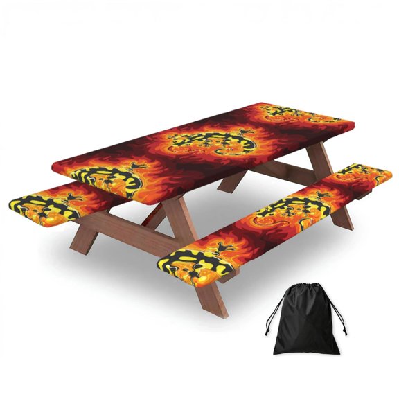 Fire Salamander In Flame 3-Piece Fitted Picnic Table and Bench Cover Set, 72" Outdoor Tablecloth with Elastic Edges & Storage Bag