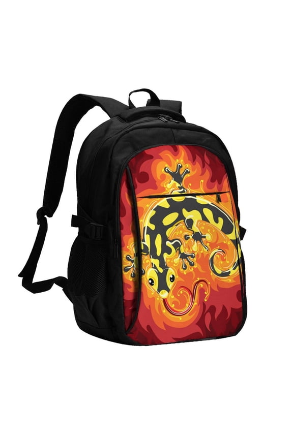 Fire Salamander In Flame Laptop Backpack with USB Charging Headphone Port Casual Daypack Bag College Business Travel