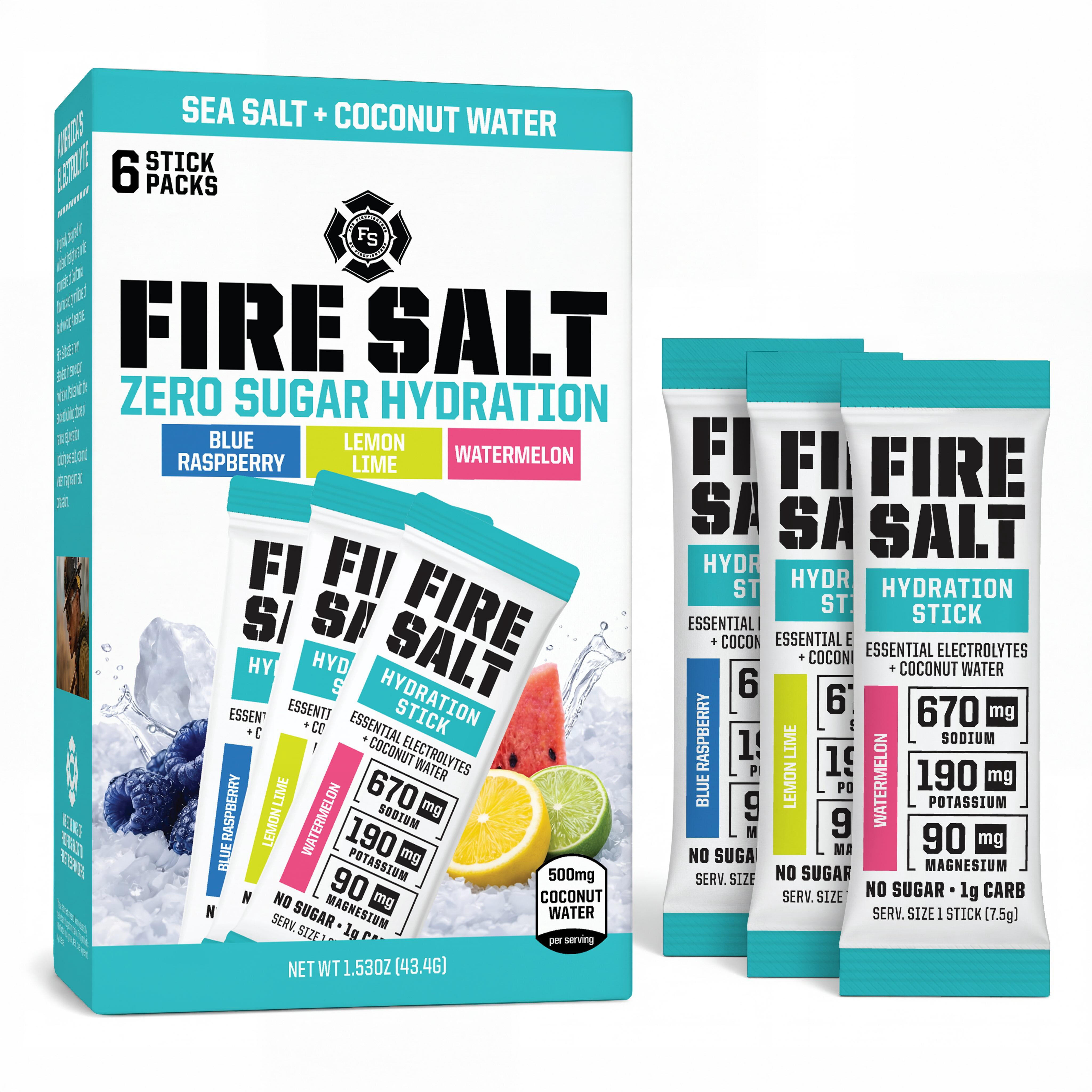 Fire Salt Electrolyte Drink Mix Variety Pack – Watermelon, Lemon Lime, Blue Raspberry – 6-Count