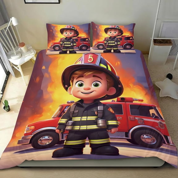 Fire Sam Themed Bed Sheet Set Three Piece Set 53x79 Inches Comfortable And Skin Friendly Unique Design Creating A Star Studded Night