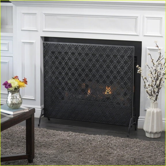 Fire Screen, Modern Single Panel Iron Fireplace Guard, 39.5"W x 35"H | Black | Iron