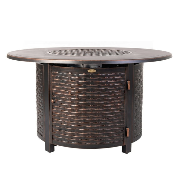 Fire Sense Florence Woven Aluminum Gas Fire Pit Table with Fire Bowl Lid-Antique Bronze-Round 44"