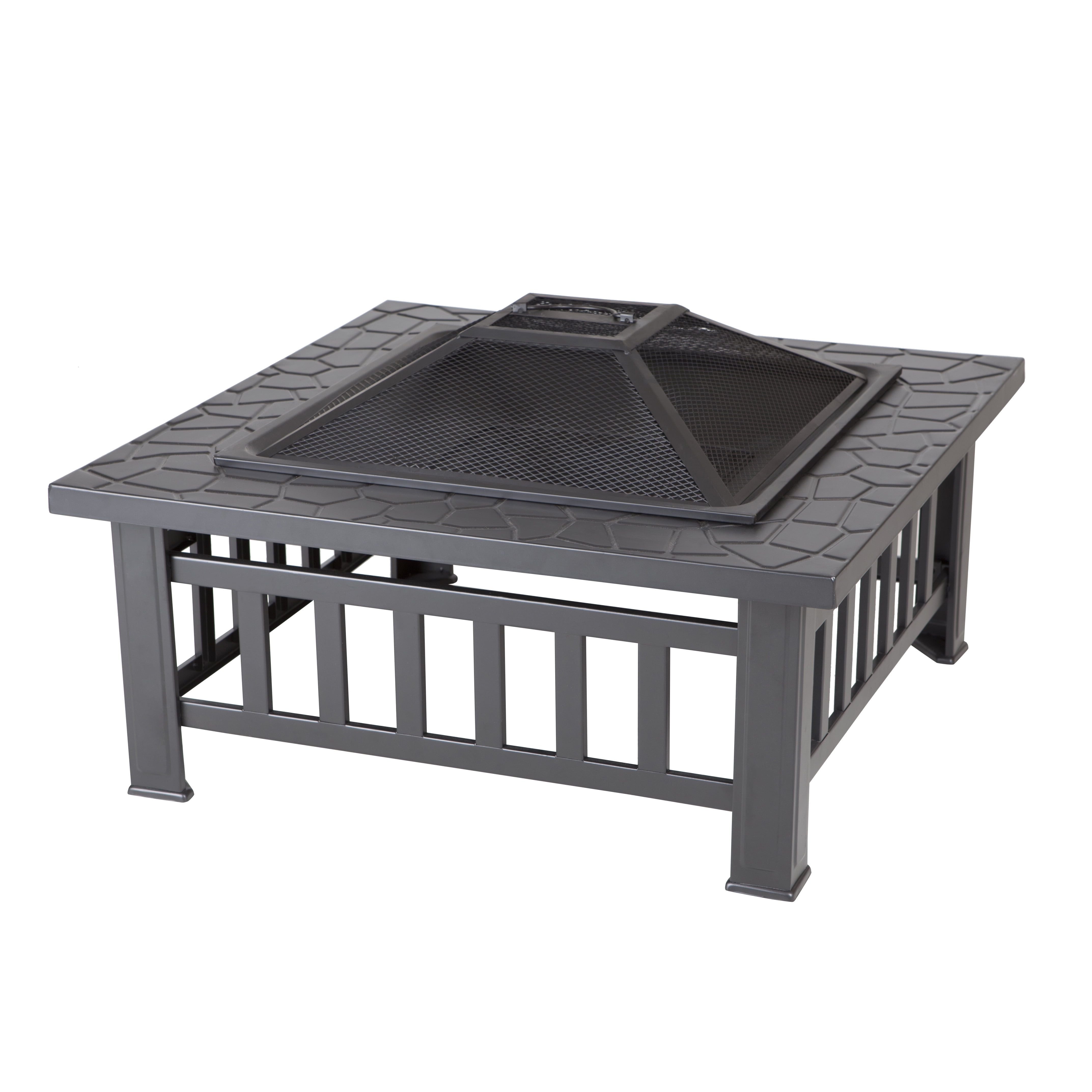 Black Steel Square Fire Pit with Stone-Look Top