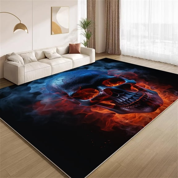 Fire Skull Area Rugs, Cool Flame Smoking Skull Carpet, Washable Non Slip Low Pile Soft Rug for Gaming Room Bedroom Man Cave Decor Mat 2ftx3ft