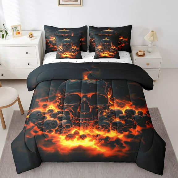 Fire Skull Bedding Set 3D Flame Skull Bed In A Bag With Sheets For Adults Men Bedroom Decor,Gothic Skeleton Twin Comforter Set 7 Piece Fiery Style Black Tint Soft Lightweight Bed Set