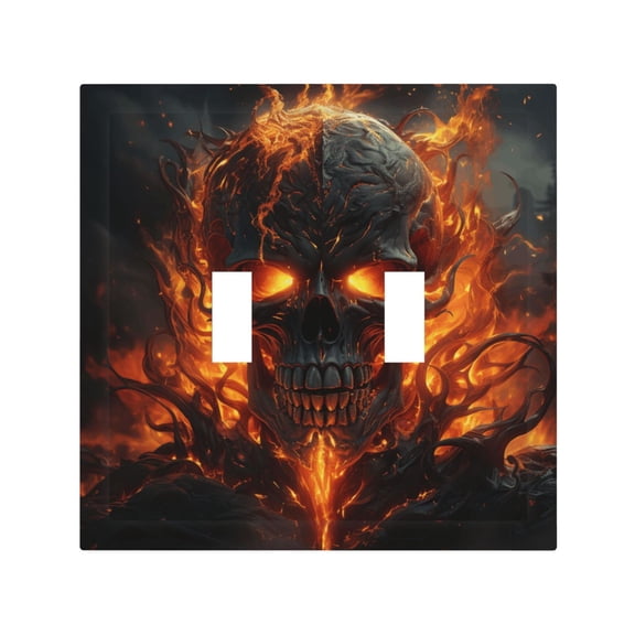 Fire Skull Gothic Cool 2 Gang Switch Wall Plate Decorative Double Toggle Cover with 4 Painted Screws for Home & Commercial Use