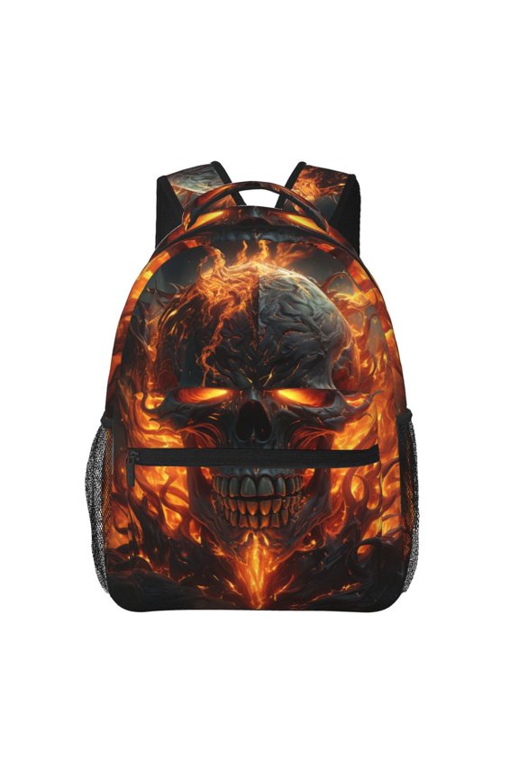Fire Skull Gothic Cool Backpack Casual College Bag Zipper Laptop Daypack Hiking Rucksack Travel
