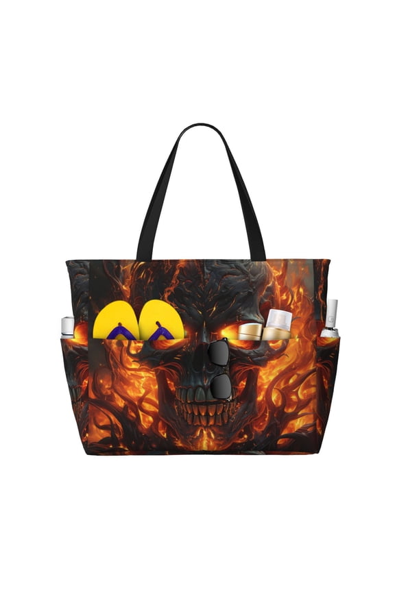Fire Skull Gothic Cool Large Capacity Beach Travel Tote Bag Shoulder Handbag for Gym Camping Shopping