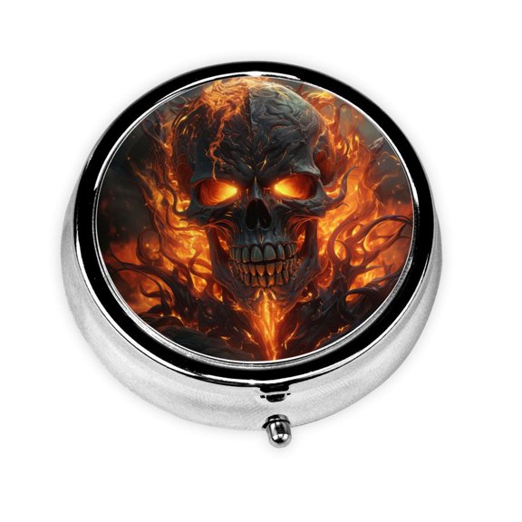 Fire Skull Gothic Cool Mini Round Pill Box Portable Small Pill Case Organizer with 3 Compartments for Pocket Purse