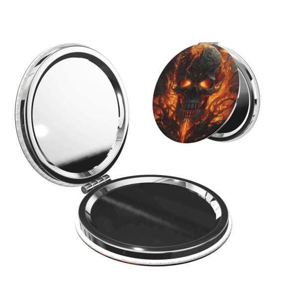 Fire Skull Gothic Cool Portable Double-Sided Face Mirror Round Shape, Magnifying Compact Pocket Mirror with PU Leather Cover