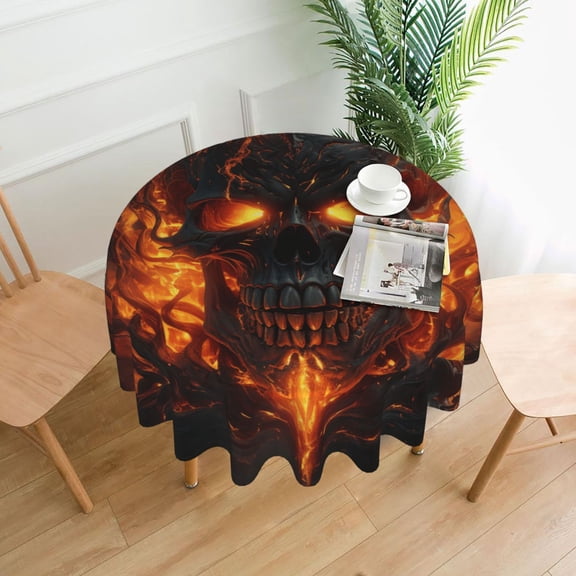 Fire Skull Gothic Cool Tablecloths Round 60 inch Fabric Table Cloth Cover for Dining Kitchen Wedding Party