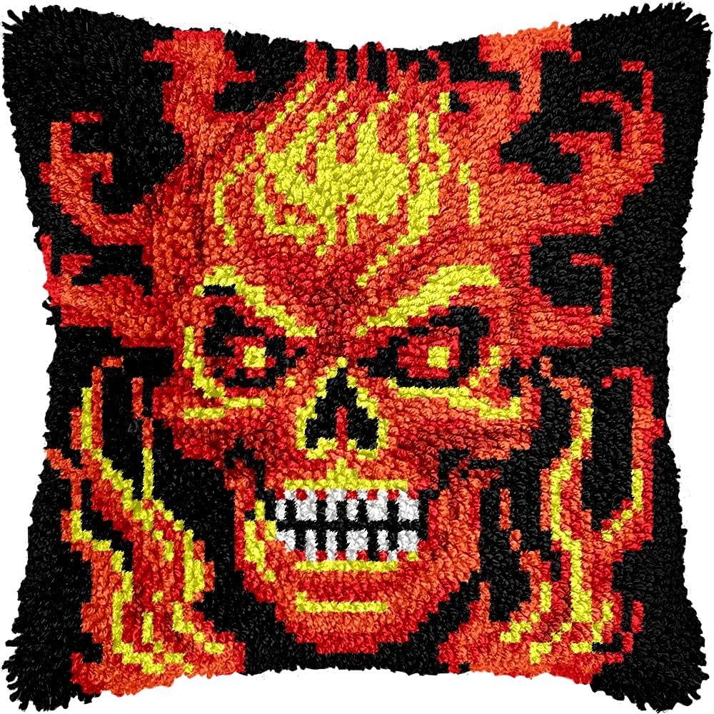 Fire Skull Latch Hook Pillow Kits for DIY Throw Pillow Cushion Embroidery Latch Hooking Pillowcase Kits with Preprinted Canvas Crochet Yarn Kits for Home Decor 17''X 17''(j18)