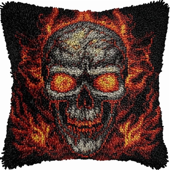 Fire Skull Skeleton Latch Hook Pillow Kits DIY Pillowcase Crochet Hook Cushion Making Kits with Preprinted Pattern Canvas Instruction Yarns Pillow Cover Easy Starter Kits 43x43cmO66)