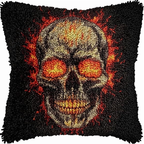 Fire Skull Skeleton Latch Hook Pillow Kits DIY Pillowcase Crochet Hook Cushion Making Kits with Preprinted Pattern Canvas Instruction Yarns Pillow Cover Easy Starter Kits 43x43cmO68)