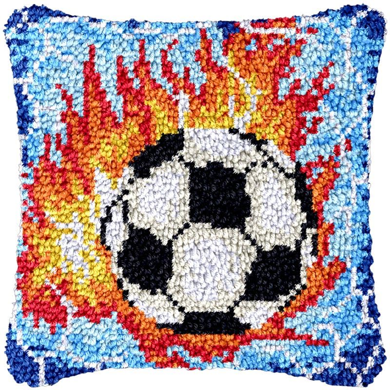 Fire Soccer Latch Hook Pillow Cover Kits for Needlework Cushion Throw Pillow Cross Stitch Crochet Hook Pillowcase Rug Kits Printed Canvas Crochet Yarn Kits Needlework 17'' X 17''