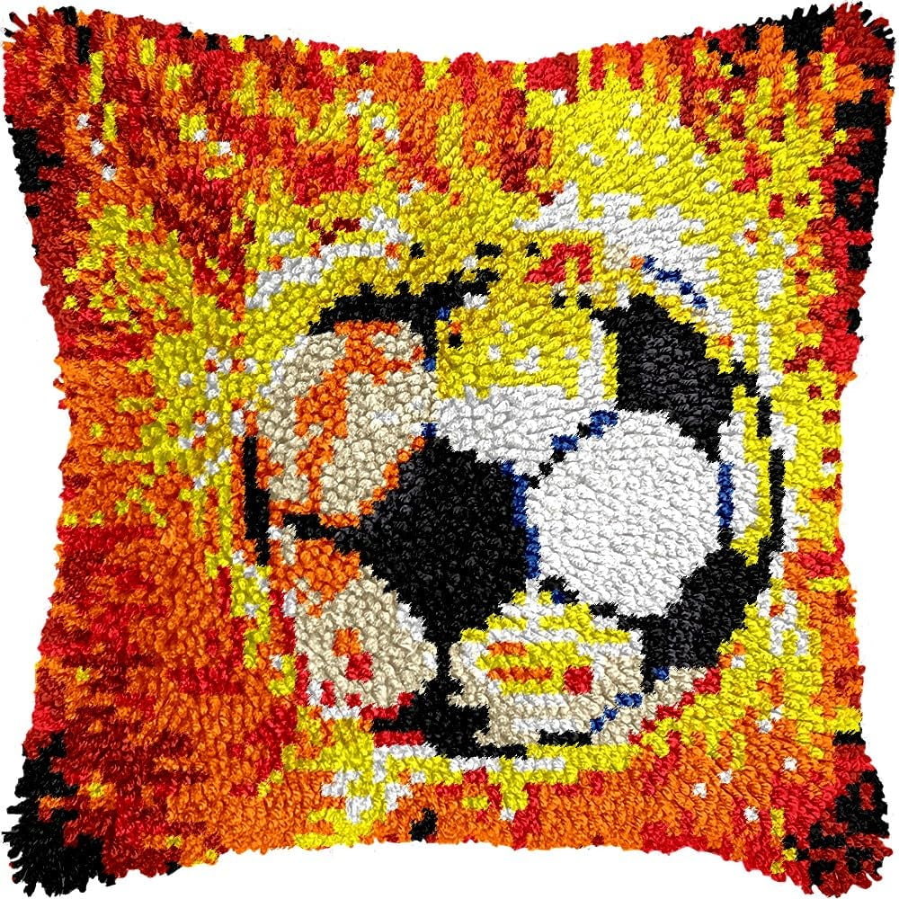 Fire Soccer Latch Hook Pillow Kits for DIY Handmade Throw Pillow Cushion Embroidery Latch Hooking Pillowcase Kits with Preprinted Canvas Crochet Yarn Kits 17''X 17''(g177)