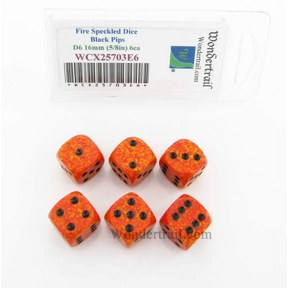 Fire Speckled Dice with Black Pips D6 16mm (5/8in) Pack of 6 Wondertrail