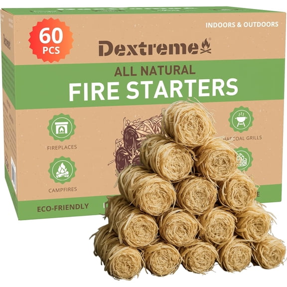 Fire Starter (60 PCS) Natural Fire Starters for Campfire, Charcoal Starter, Fireplace, Wood Stove, BBQ, Chimney, Fire Pit, and Grill | All Weather, Odorless, Non-Toxic, w/10 Min Burning Time