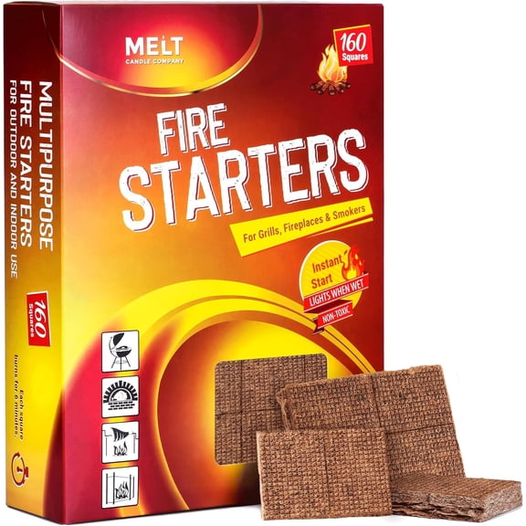 Fire Starter Squares, 160 pcs - Charcoal Fire Starters for Campfires, Grill, Outdoor Pit, Fireplace, Wood Stove, BBQ - Firestarter Sticks, Water Resistant & Odorless - Camping Accessories Essentials