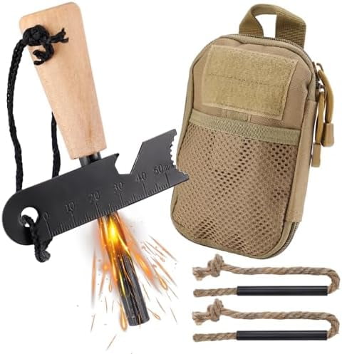 Fire Starter Survival Tool, Fire Starter Kit Includes Magnesium Rod, Steel Striker, 2 Pcs Wick Hemp Rope and Multifunctional Outdoor Bag, Fire Starters for Campfires Hiking Survival Training Gift