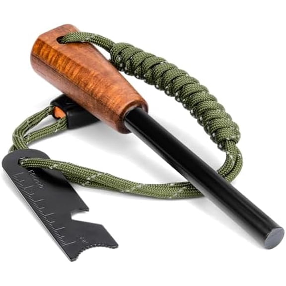 Fire Starter Survival Tool - Handmade Wooden Handle 3/8"" Thick Ferro Rod with Striker and Umbrella Rope Waterproof Iron Rod Flint and Steel Fire Starter Kit, Black$$Sport & Recreation Other