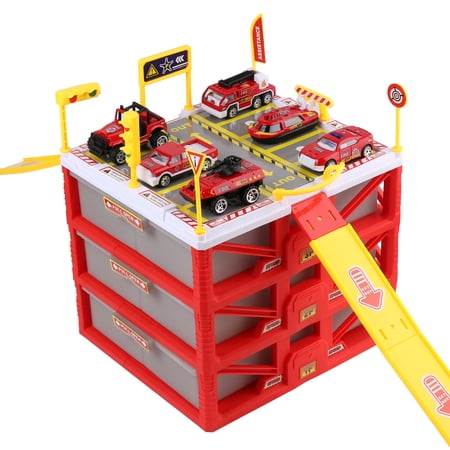 Fire Station Parking Garage Playset with 6 Fire Truck Cars, Maps and Accessories for Boys and Girls