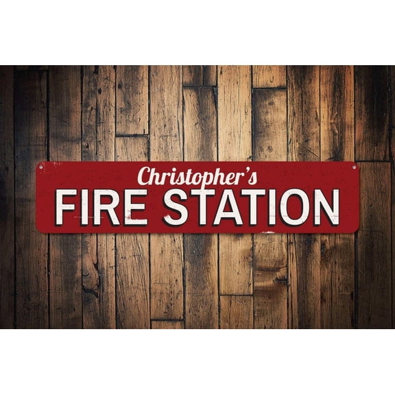 Fire Station Sign Firetruck Owner Name Gift Fire Department Firehouse Firefighter Man Cave Sign - Sign Decor - Size: 16 x 4 Inches