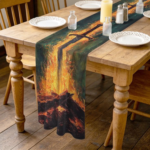 Fire Sword 4.5ft Cheesecloth Table Runner for Wedding 19"x55", Dramatic Burning Wood Gold Flickering Flames Kitchen Dinner Sheer Tulle Chiffon Dresser Scarf, Holiday Party Decorations