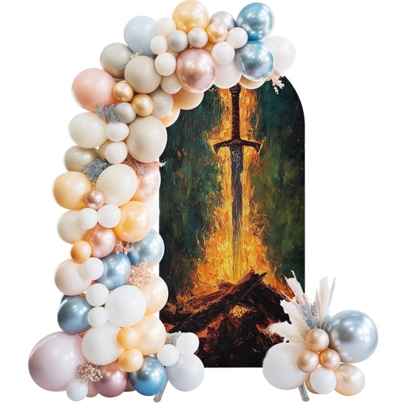 Fire Sword Arch Backdrop Cover 4 FT Dramatic Burning Wood Gold Flickering Flames Stretchy Elastic Arch Stand Covers Spandex Arched Background Birthday Wedding Party Decoration (No Stand)