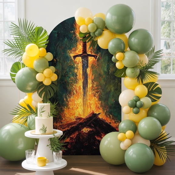 Fire Sword Arch Backdrop Cover, 4FT, Dramatic Burning Wood Gold Flickering Flames Spandex Arch Covers Double-Sided Backdrop for Wedding Birthday Party Photo Background Decoration