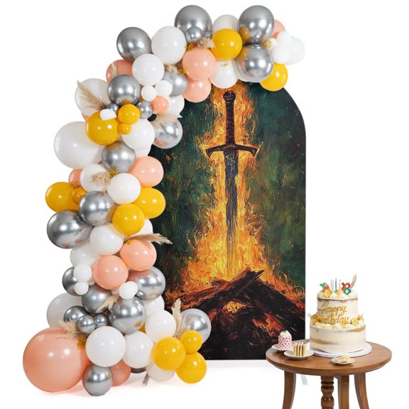 Fire Sword Arch Backdrop Cover 4FT Dramatic Burning Wood Gold Flickering Flames Spandex Fitted Arch Covers Stretchy Backdrop Decoration for Wedding Birthday Graduation Party